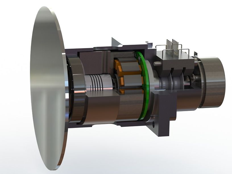 A brushless maxon EC frameless 45mm flat motor drives the barrel and the shaft